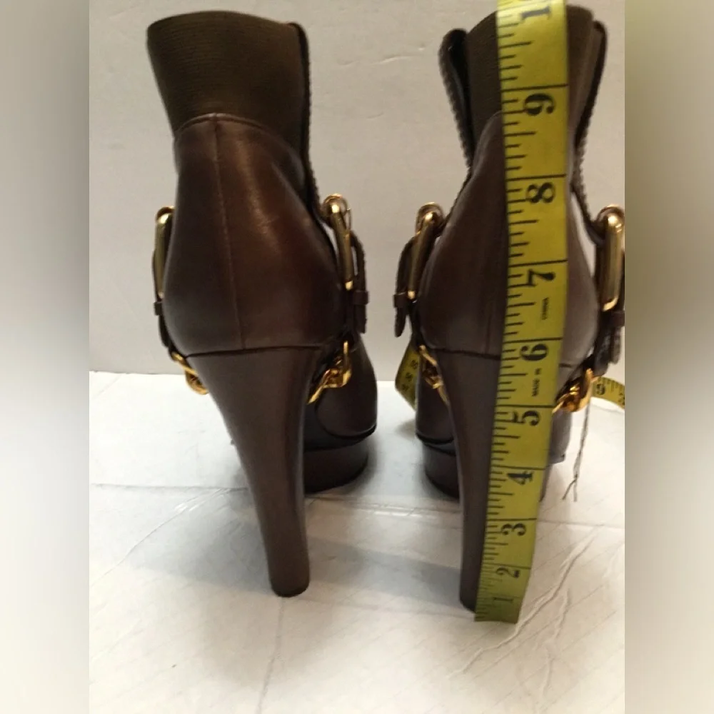 Donald J. Pliner Brown Leather Ankle Booties with Gold Buckle
